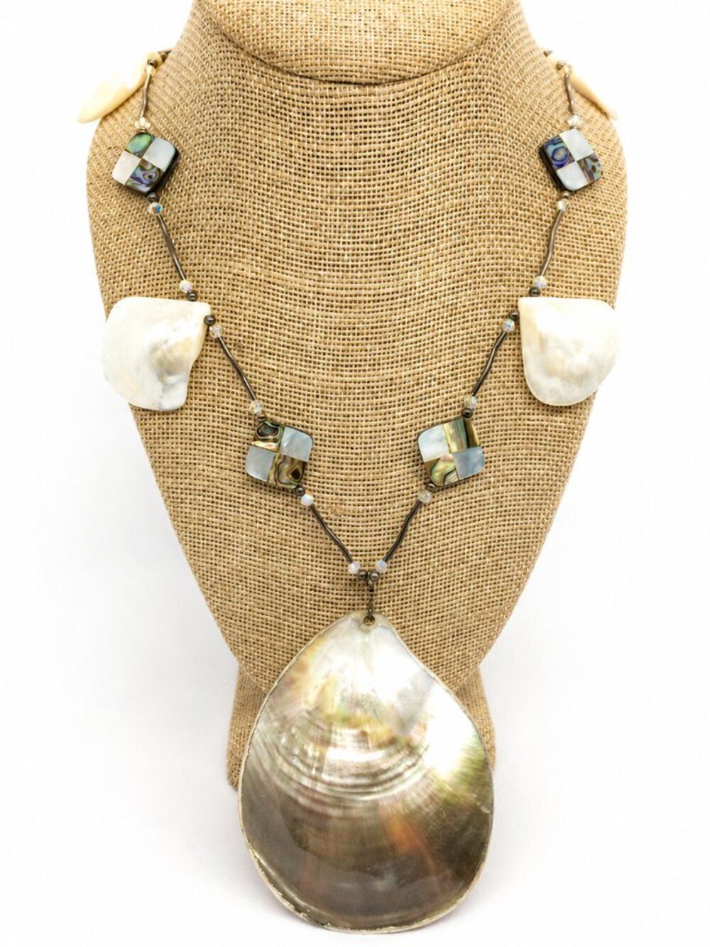 VINTAGE SHELL NECKLACE Abalone Inlay Mother Of Pearl Coastal Statement Boho